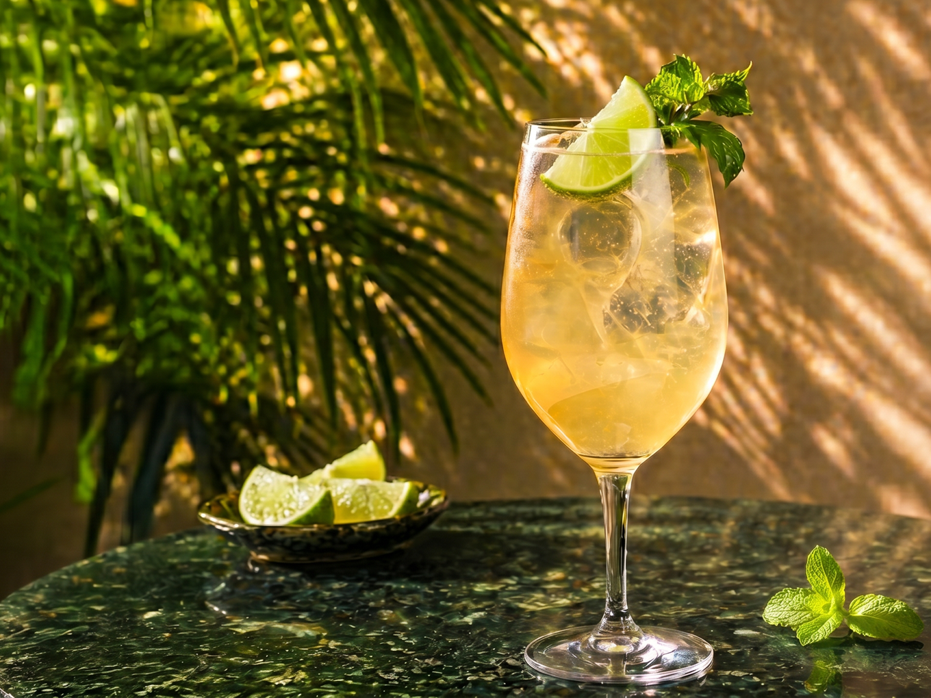 Kesäinen Heineken Elderflower -olutdrinkki viinilasissa